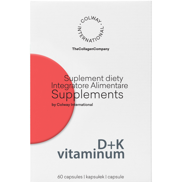 Vitaminum D+K Colway – białe pudełko suplementu diety z czerwonym akcentem, 60 kapsułek